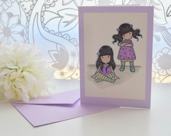 Lilac, blank, handmade, hand stamped, hand coloured, birthday card, Sugar Nellie, Gorjuss Girl, twins, blank, own embellishment