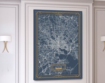 BALTIMORE Maryland map Art Deco Large Canvas print Map Horizontal Wall art canvas print ready to hang Gallery Art Deco Map Style