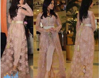 Pink Net Jacket, Pastel Pink Hi-Lo Jacket with Pearl Embroidery, Silk Inner and Pants-3-Pc Set, Stitched