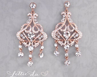 Rose Gold Vintage Style Statement Bridal Earrings, Weddings Earrings Gold, Rose Gold, Silver, Crystal Chandelier Earrings - 'FELICITY'
