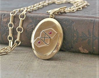 Art Deco Locket, Gold Locket Neckalce, Antique Locket, Gold Oval Locket, Chunky Gold Chain, Unique Locket, Gold Photo Locket Pendant