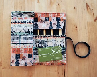 Crochet Hook Case / Organizer / Holder - Tokyo Train Ride Fabric with Navy Sprinkles Lining