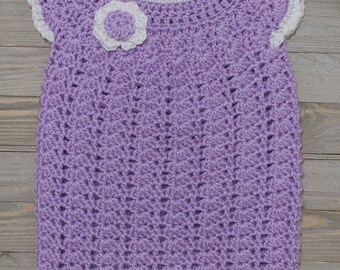 Crocheted Baby Dress - Baby Girl's Crocheted Pastel Purple Shift Flower Dress