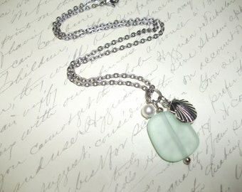Seafoam seaglass with shell and pearl necklace