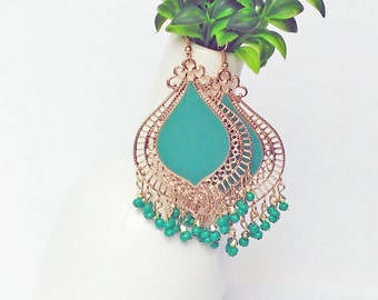 Turquoise Color Beaded Long Boho Earrings, Bohemian Earrings, Long Earrings
