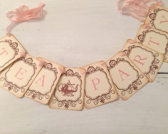 Tea Party Banner Garland Sign Vintage Inspired Bridal Shower Decoration