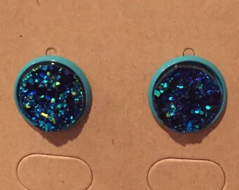 Turquoise blue green yellow round Druzy Stud Earrings on a Teal 12mm Post