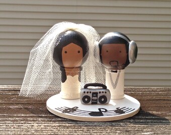 Boom Box DJ Music Themed WEDDING Cake Topper Custom Kokeshi Spool Doll 3D Headphones Record Musical Notes Stand Wooden Wedding Cake Topper