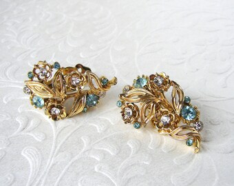 Vintage LISNER Aqua Blue Earrings Gold Leaves Aquamarine Turquoise Rhinestone Jewelry Island Beach Bride Wedding Bridal Prom Formal Pageant