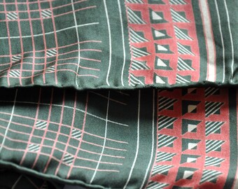 Vintage 80s graphic pattern scarf, green and orange print scarf, long scarf, handrolled finish, 100% silk