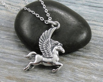Pegasus Necklace, Sterling Silver Pegasus Charm on a Silver Cable Chain