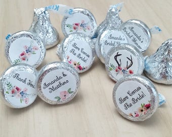Printable Rustic Antlers Watercolor Wildflowers Bridal Shower Wedding Chocolate Candy Kisses Sticker Labels; Editable PDF, Instant Download