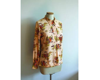 1970s Victorian Bicycle Print Long Sleeve Blouse // Medium