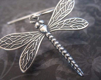 Dragonfly Earrings - Antiqued Silver Dragonfly Earrings, Dragonfly Jewelry, Insect Jewelry, Sterling Silver, Big Earrings, Bohemian Jewelry