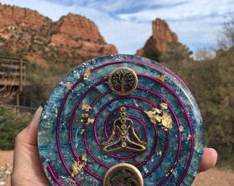 Lg Orgone charging disc w/ Tree of Life, Chakra Buddha, Om, Rhodizite, Green Calcite, Peridot, Phenacite, Shungite 4.5 inches, 1/2 in. thick