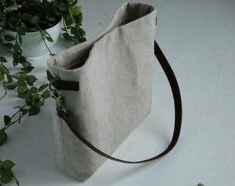 Simple Linen Tote Bag. Casual Handbag. Natural Bag. Summer Purse. Shoulder Bag. Leather Crossbody Bag. Shopping Tote Bag, Hobo Bag