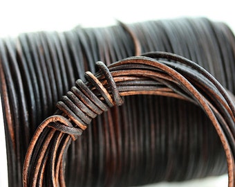 1mm Round Brown Natural Leather cord - Vintage Brown distressed leather 10 feet, LC061