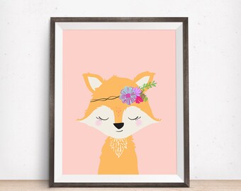 fox wall art, fox nursery decor, fox art, fox art prints, fox artwork, fox art nursery, flower fox, girl fox, girls room decor, pink bedroom