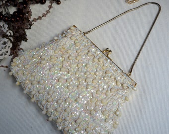 Vintage Handbag, Vintage Clutch, Beaded Handbag, Beaded Clutch, Cream Handbag, Sequin Handbag, Sequin Clutch, Gifts for Her, Wedding Gift