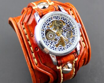 Leather Watch, Steampunk Watch, Men's watch, Leather Wrist Watch, Leather Cuff, Bracelet Watch
