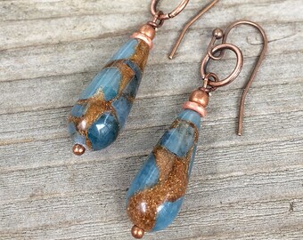 Blue Stone Dangle Earrings, Blue Drop Earrings, Blue Natural Stone Jewelry, Copper Dangle Earrings, Copper Jewelry with Natural Stones