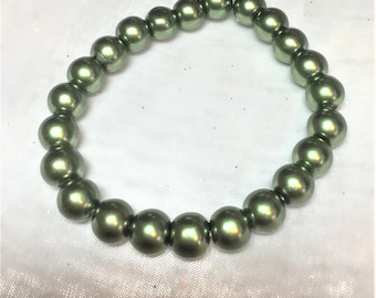 Dark Olive Green Faux Pearl Stretch Bracelet #513