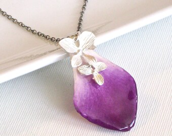 Real Orchid Petal Necklace - Purple, Sterling Silver, Real Flower Jewelry, Nature Jewelry