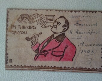 Leather Postcard-1906-run-from Brooklyn NYC to Zwickau-Saxony-Germany