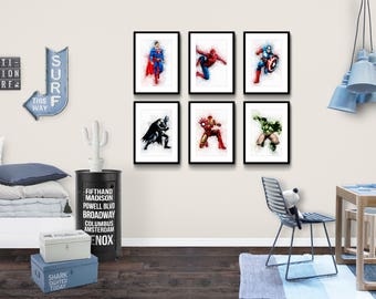 Superhero Printables, Superhero Art, Superhero Printable Wall Art, Superhero Nursery Art, Watercolor Art Print Set, Watercolor Superhero