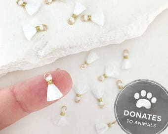 Set of 5 Mini Tassels with Jump Rings || White || DONATES to ANIMALS || Cotton With Loop for Jewelry Making | Ring Earring Charms Findings