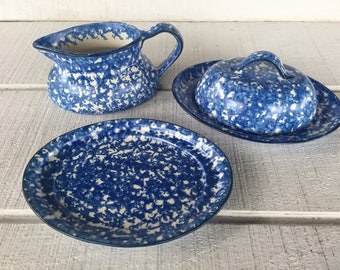 Vintage Stangl Blue Spongeware Town and Country 1970's Dinnerware gravy boat under plate, creamer pitcher, covered butter dish, replacements