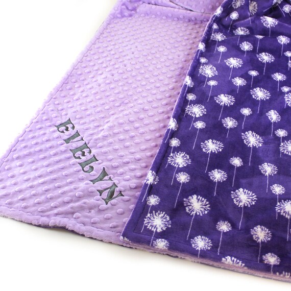 Purple Floral Baby Blanket, Dandelion Personalized Baby Blanket, Minky Baby Blanket, Nursery Decor, Name Baby Blanket Baby Gift Kids Blanket