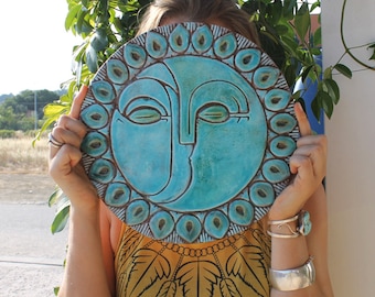 sun and moon ceramic wall art, ceramic tile with sun and moon design, outdoor wall art, bathroom wall decor, decorative tile #2 XL 30cm