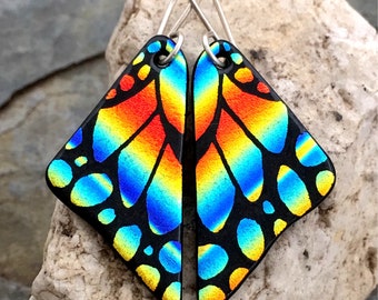 Dichroic Glass Earrings Butterfly Wings Hand Etched Fused Glass with Sterling Silver Hooks Orange Blue Rainbow