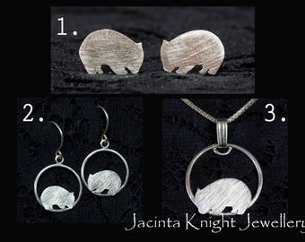 Sterling silver wombat studs, dangle earrings or pendant