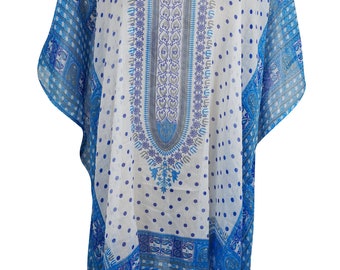 Lightweight Caftan Dress Blue White Dashiki Print Kimono Sleeves Beach Cover Up Resort Wear ONE SIZE