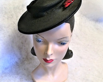 30s 40s Vintage Black Straw Toy Tilt Hat by Blossom Hats Needs TLC