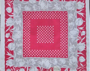 Vintage Pink Tablecloth Mid Century Table Cloth Table Linens Grey Tulips and White Diamonds Cottage Kitchen Decor Vintage Linens