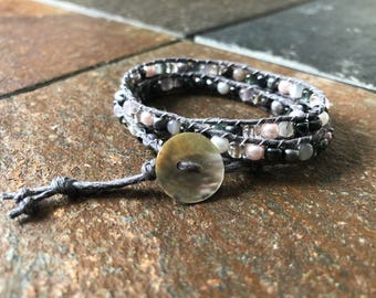 Gray and Pink Wrap Bracelet, Hemp Wrap Bracelet, Beaded Wrap Bracelet, Beaded Bracelet, Hemp Bracelet, Triple Wrap Bracelet