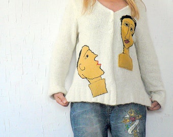 M-L fantasy sweater cardigan appliqued artistically. Made from recycled sweater.Unique design.