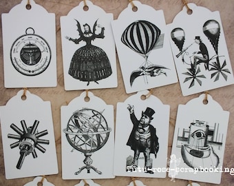 Set 12 large tags labels VINTAGE STEAMPUNK HALLOWEEN gift wrap