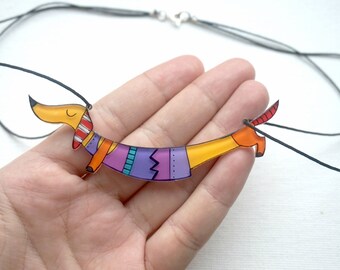 Dachshund jewelry - Purple dachshund dog necklace - Illustrated colorful jewelry - gift for her