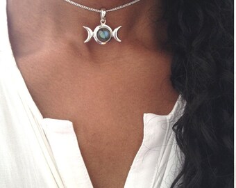 Silver Choker/ Silver Choker Necklace/ Labradorite Choker/ Moonstone Choker/ Triple Moon Goddess Necklace/ LABRADORITE OR MOONSTONE