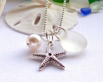 White Sea Glass Wedding Necklace Garden Leaf Seaside