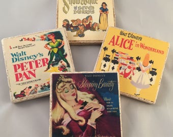 Vintage Disney Film Inspired Coaster Set of 4 or 8 Sleeping Beauty, Peter Pan, Snow White, Alice in Wonderland