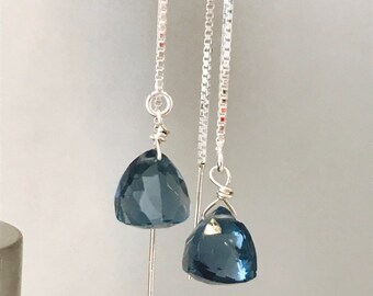 London Blue Topaz Earrings Ear Threader earrings Quartz earrings Blue Topaz December Birthstone Bridsmaids Earrings London Blue Earrings
