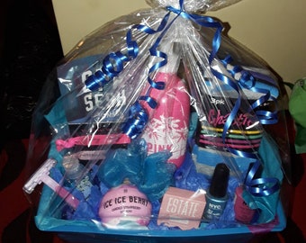 Blue Victorias secret beauty gift basket