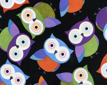 Foxy Owls Fun-Black Half Yard Cut, Timeless Treasures, Owl Fabric