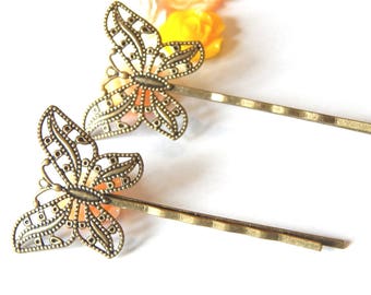 2 bronze Butterfly Bobby pins to customize 55x2mm