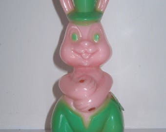 Vintage Easter Bunny Rabbit Rosen Rosbro Candy Container - Hard Plastic - Pink and Green
